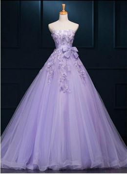 Picture of Light Purple Tulle Long Sweet 16 Dresses with Bow, Lace Applique Purple Formal Dresses Party Dresses